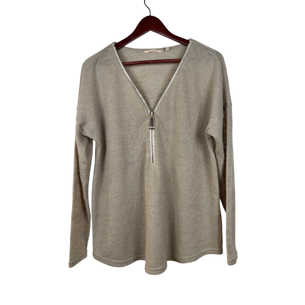 Soft Surroundings Sweater Womens L Beige‎ Half Zip V-Neck Long Sleeve Knit Top
